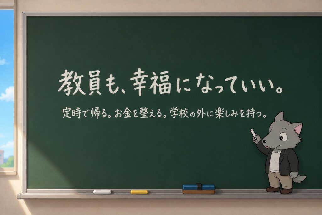 黒板にチョークで書かれた言葉「教員も、幸福になっていい。定時で帰る。お金を整える。学校の外に楽しみを持つ。」と、チョークを持ったおおかみ